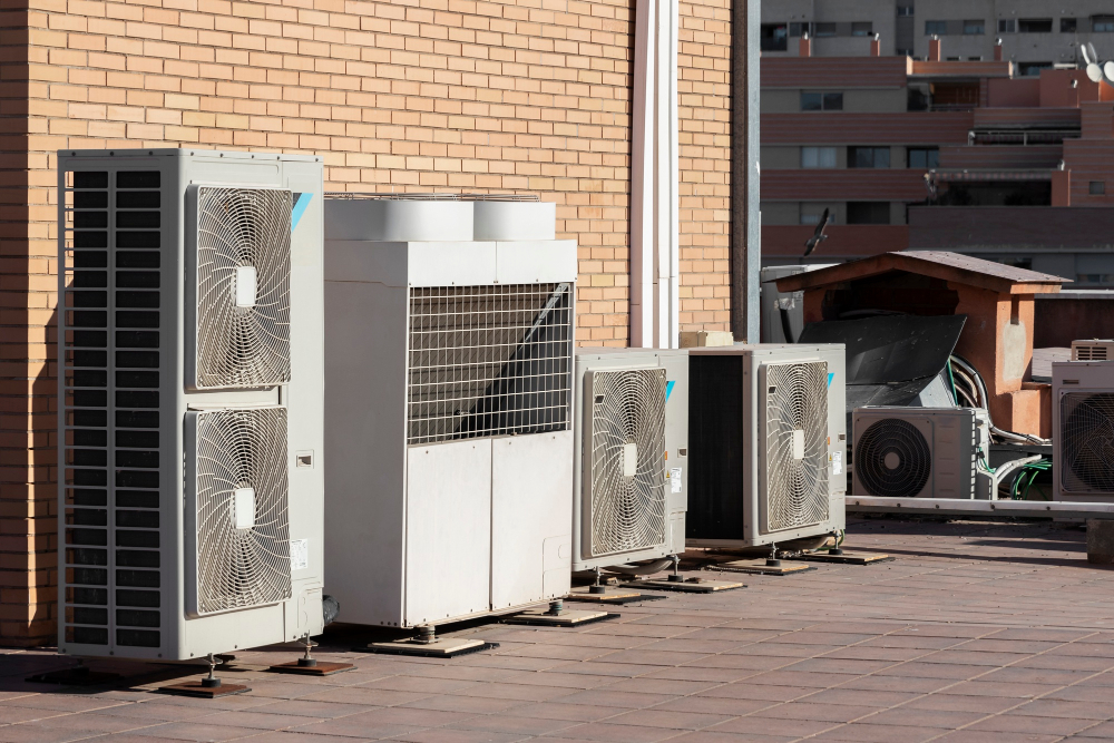 Outdoor air conditioning condenser unit installed at home