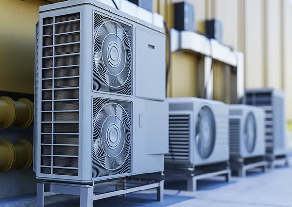 Close-up of residential heat pump system