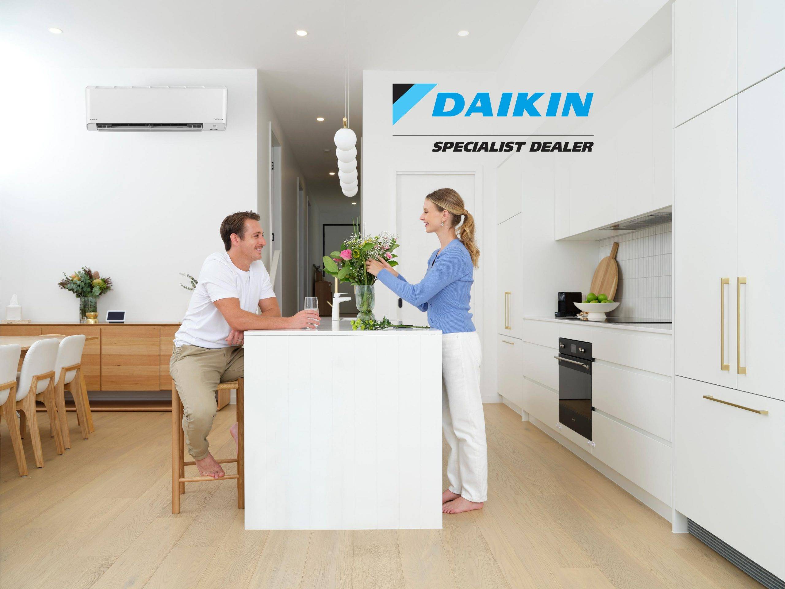 Couple enjoying comfort at home with air conditioning